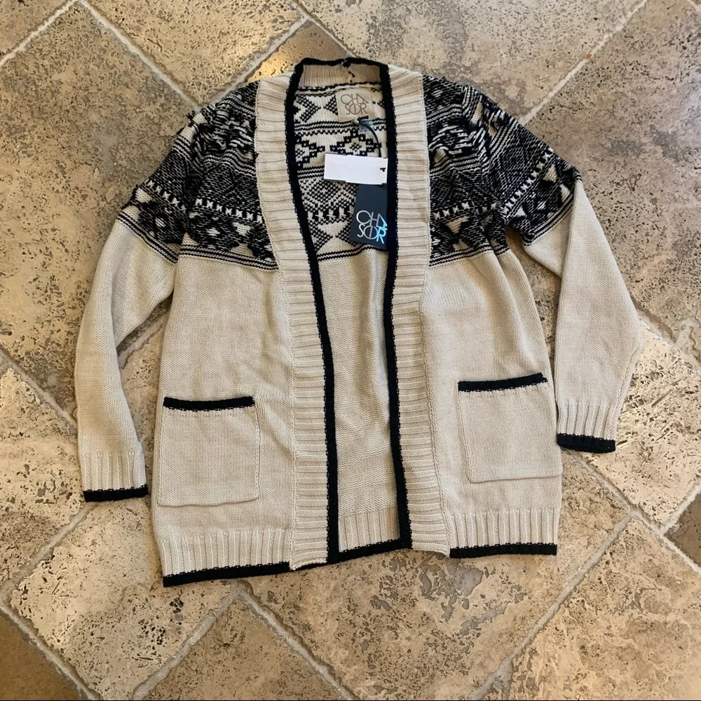 Chaser Contrast Stitch Cardigan Sweater Cream Black XS